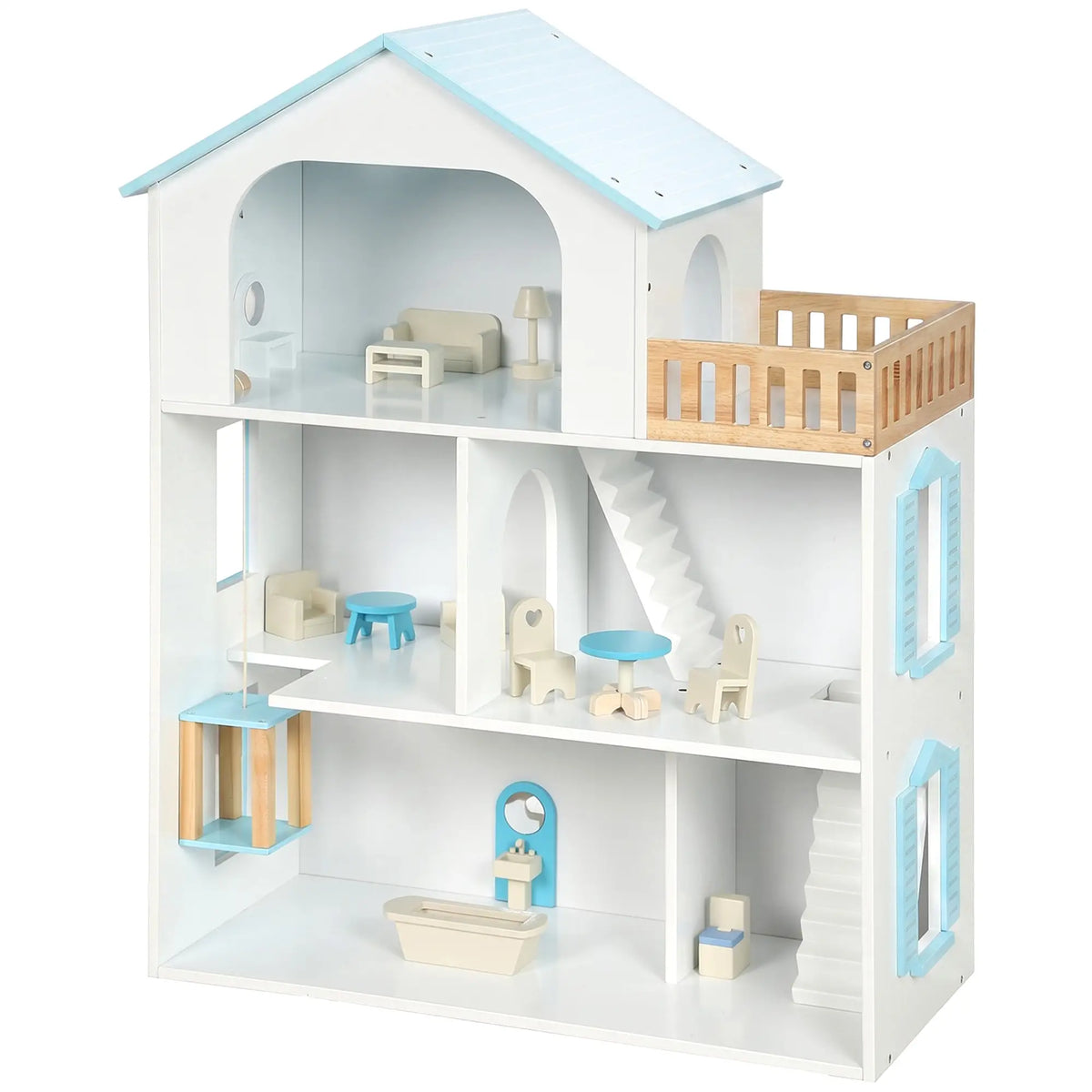 Wooden Doll House with Elevator, 5 Rooms, 13 Accessories, Blue Play Houses Multi Colour at Gallery Canada