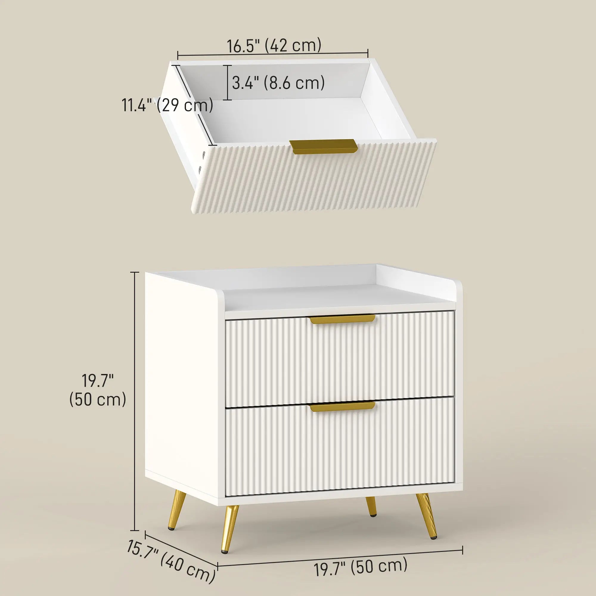 Bedside Table, Nightstand with 2 Drawers, Metal Legs, White Bedside Tables at Gallery Canada