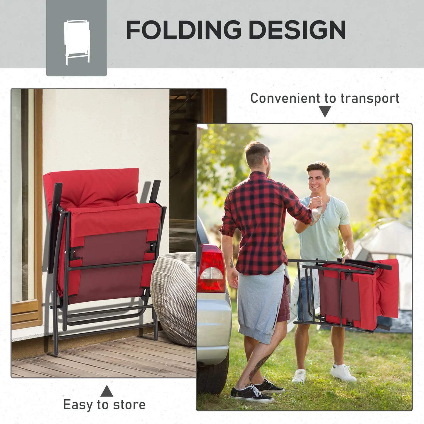 Set of 2 Outdoor Folding Chairs, Adjustable Backrest, Padded, Red Patio Chairs at Gallery Canada