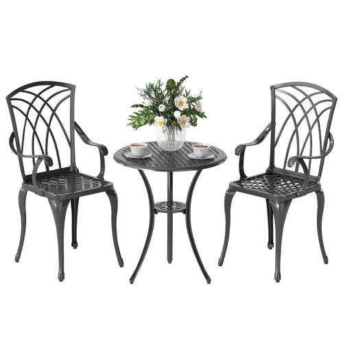 3 Pc Patio Bistro Set, Cast Aluminum, Coffee Table, 2 Armchairs, Brown