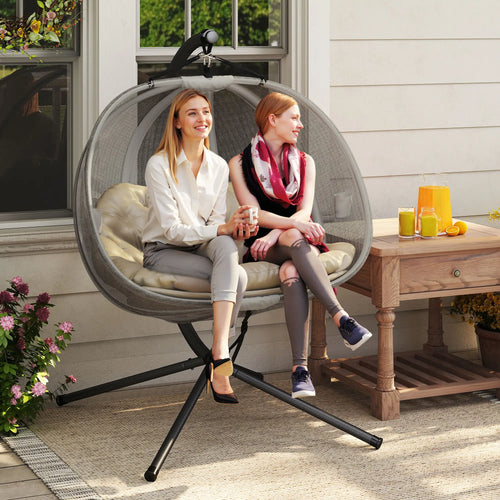 Double Egg Chair with Stand, 2 Person Hanging Swing, Khaki