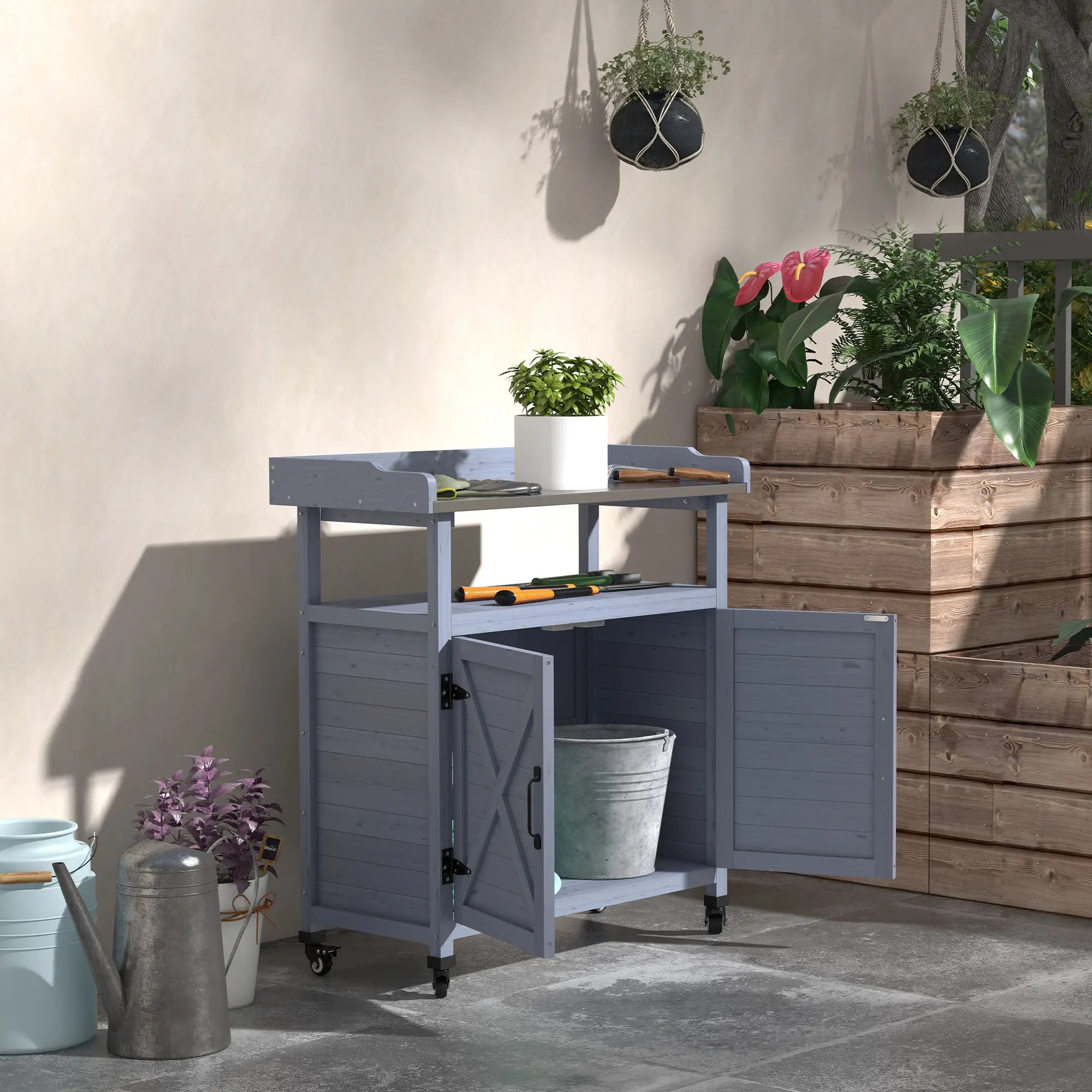 Outdoor Wooden Potting Bench, Storage Cabinet, Aluminum Tabletop, Grey Potting Benches & Tables at Gallery Canada