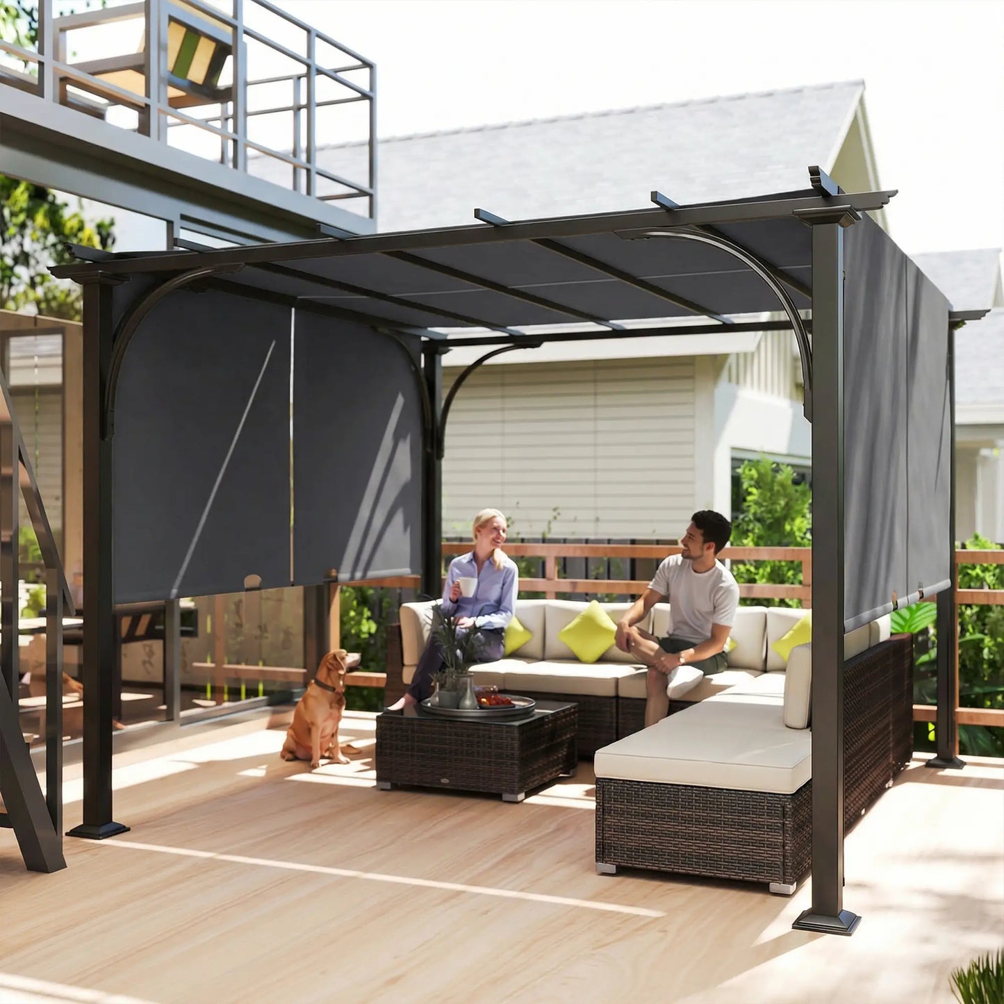 10' x 10' Retractable Pergola Canopy, UPF50+ Outdoor Metal Gazebo, Dark Grey Pergolas at Gallery Canada