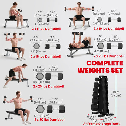 Ensemble d'haltères hexagonaux avec support vertical, 210 lb