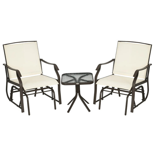 3 Piece Patio Glider Set, Breathable Mesh Seat, Glass Top Table, Cream White Outdoor Gliders Brown Frame, Cream White Fabric at Gallery Canada