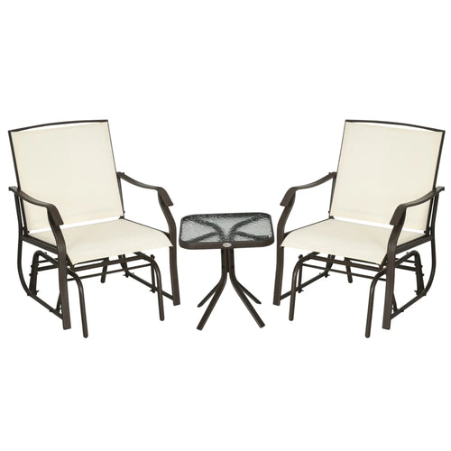 3 Piece Patio Glider Set, Breathable Mesh Seat, Glass Top Table, Cream White