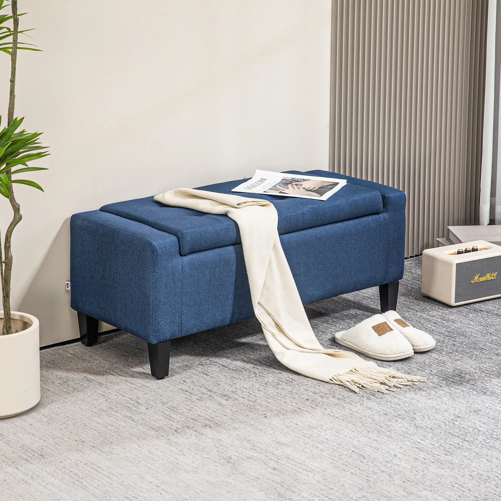 Storage Ottoman Bench, Linen Upholstered, Tufted, Dark Blue Storage Ottomans & Benches at Gallery Canada