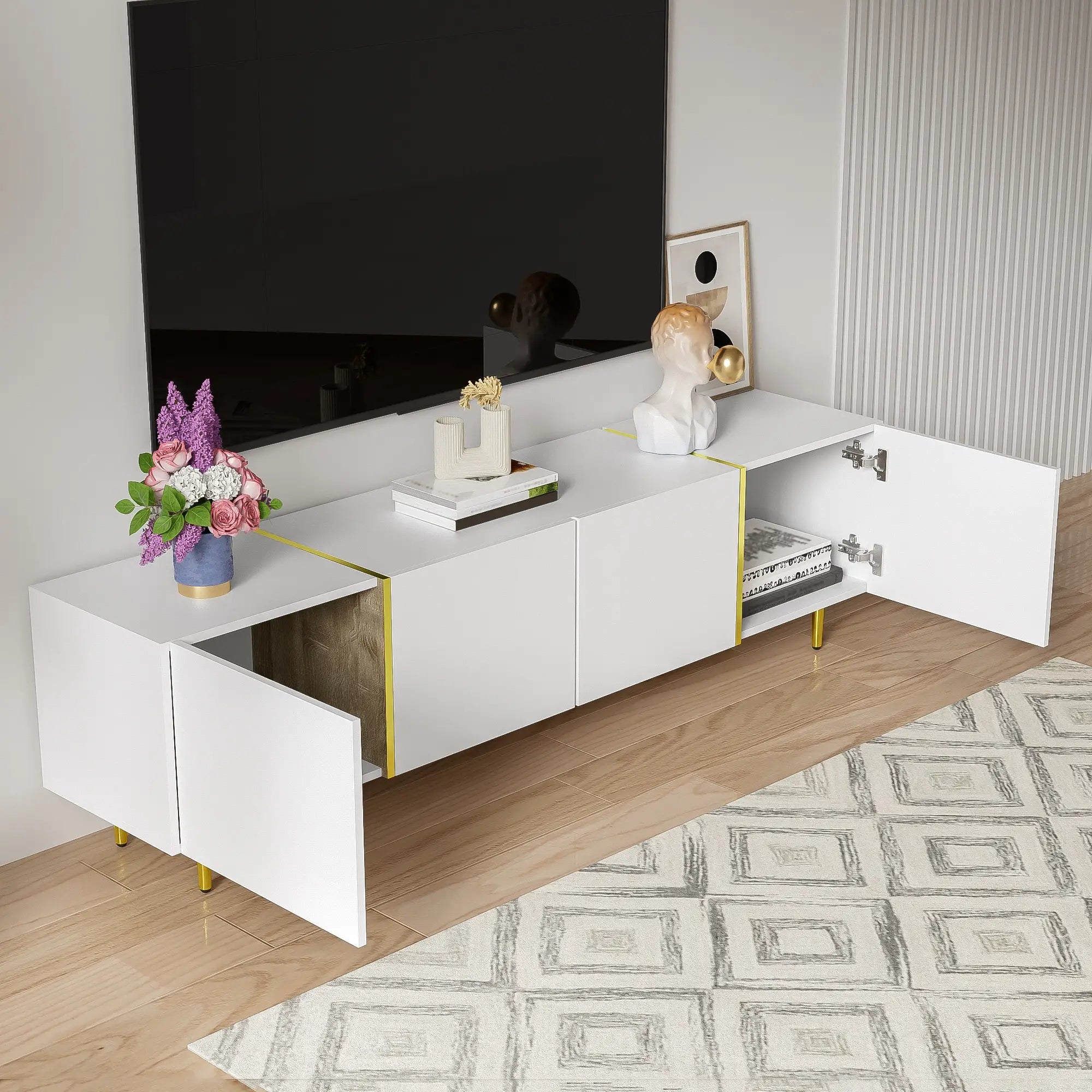 Modern TV Stand, 4 Doors, Soft-Close Hinges, 67