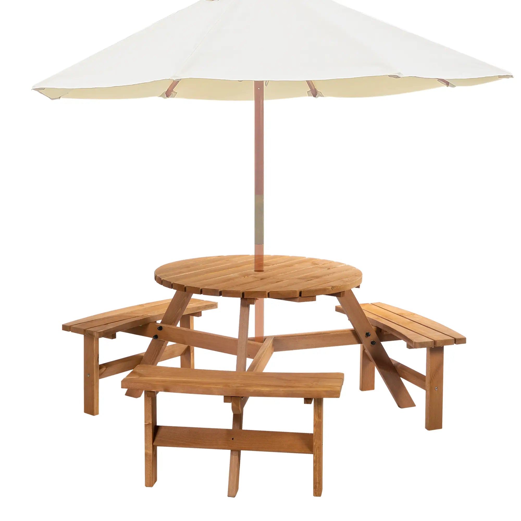 6 Person Round Picnic Table, Wood Patio Set with Umbrella Hole, Brown Outdoor Dining Sets at Gallery Canada