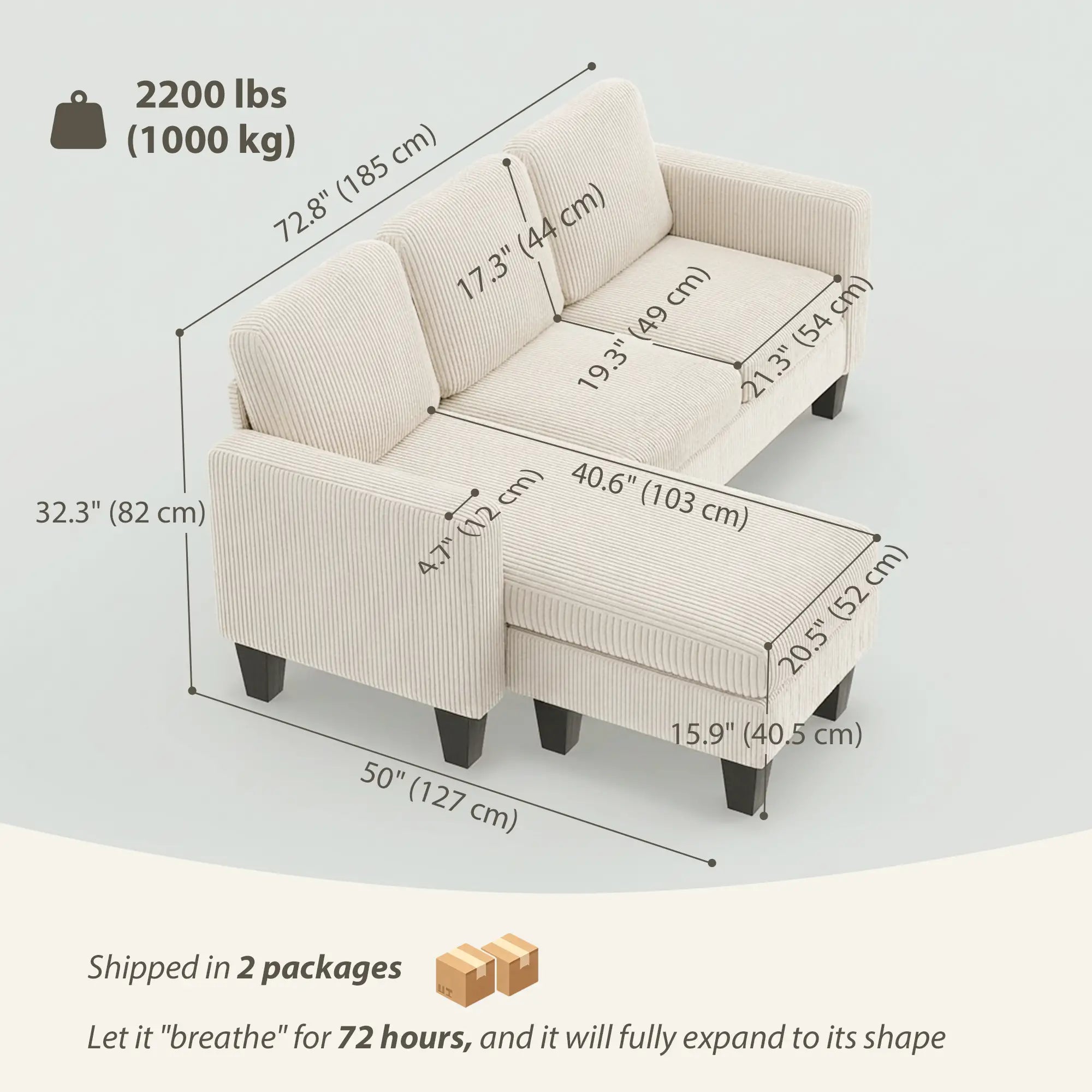 L Shaped Sectional Sofa, With Chaise Or Ottoman, Cream White 3-Seater Sofas at Gallery Canada