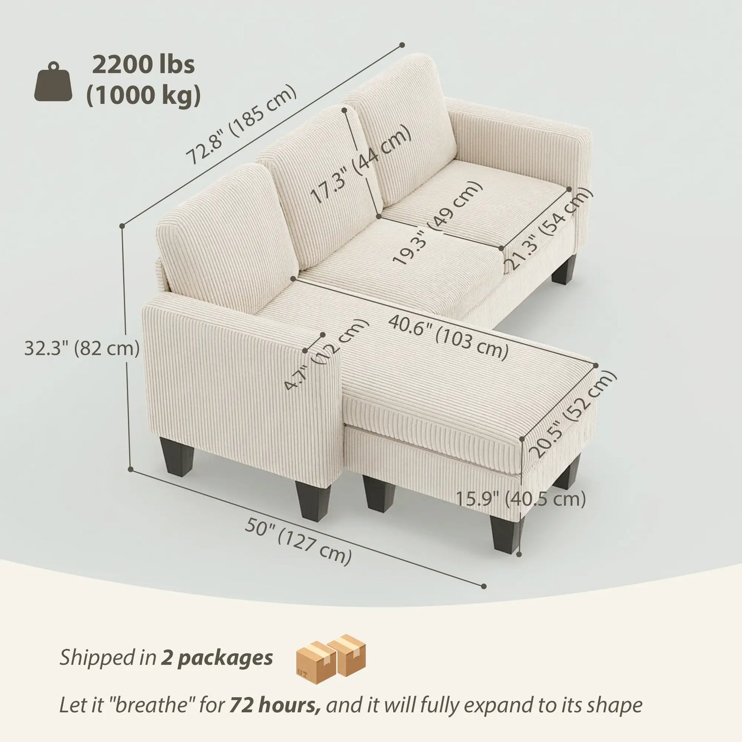 L Shaped Sectional Sofa, With Chaise Or Ottoman, Cream White 3-Seater Sofas at Gallery Canada