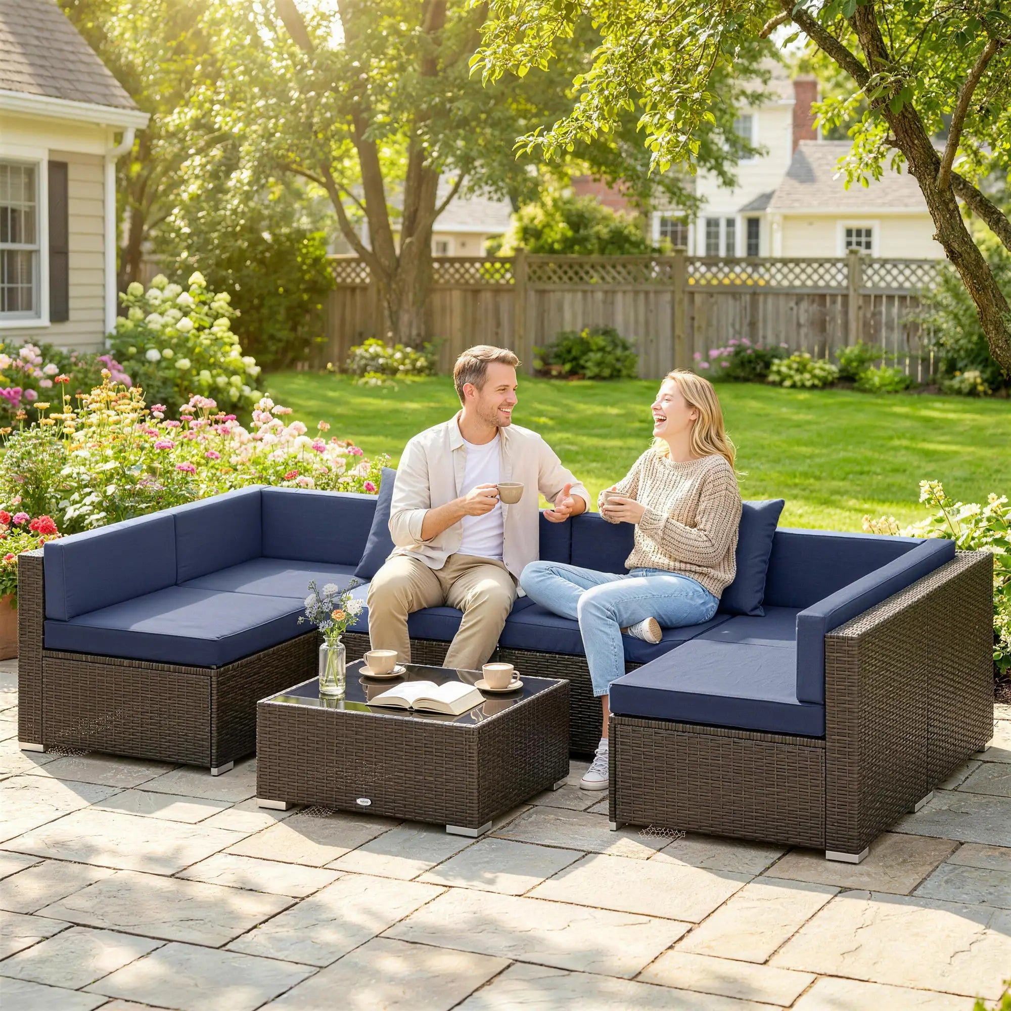 7pc Garden Wicker Sectional Set, Patio Rattan Lounge Sofa, Navy Blue Patio Furniture Sets at Gallery Canada