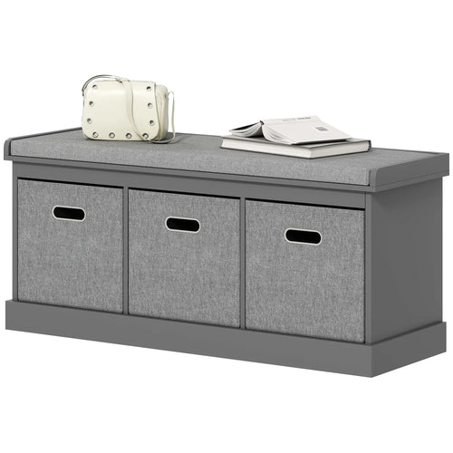 Shoe Storage Bench with Seat, 3 Fabric Drawers, Grey