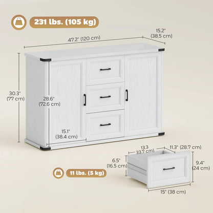 Sideboard With 3 Drawers, 2 Doors, 47" Buffet Cabinet, White Wood Grain, White Storage Cabinets at Gallery Canada