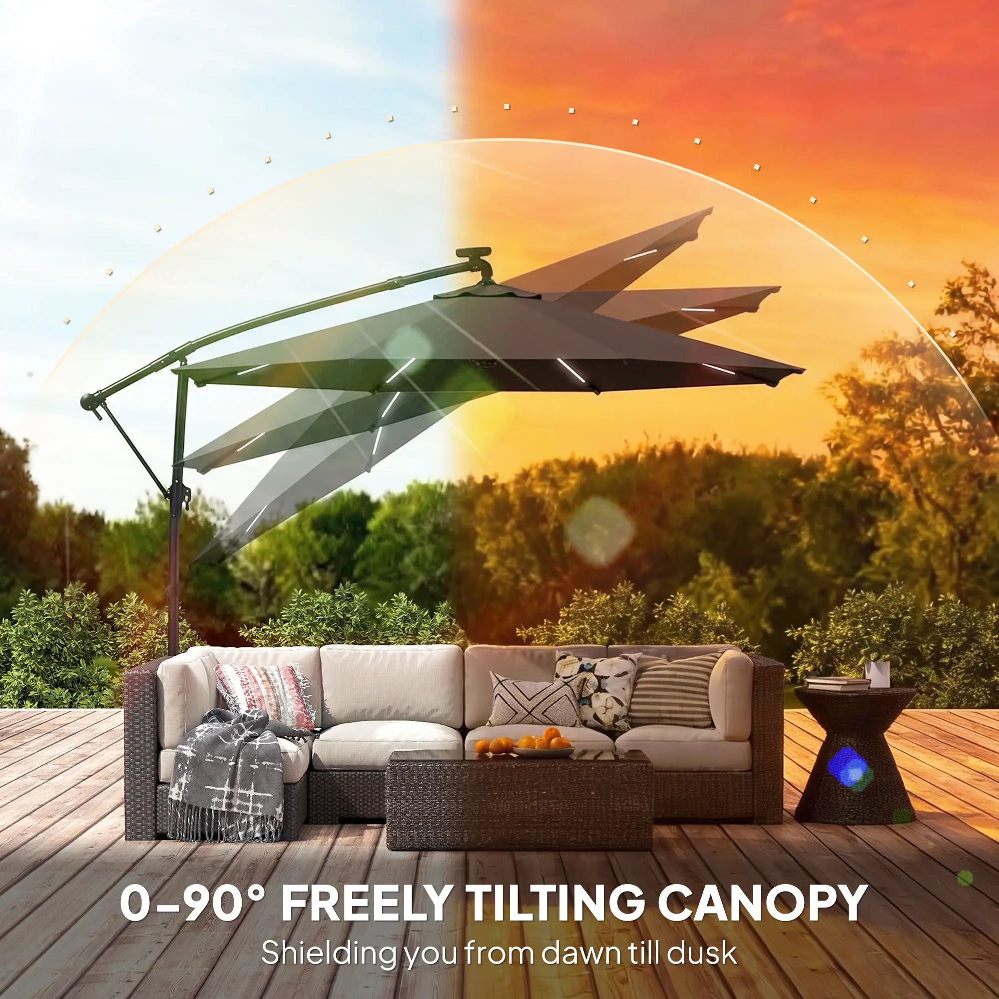 10 ft Offset Patio Umbrella With Solar Light, 360° Rotation, Tilt, Cover, Black Offset Cantilever Umbrellas at Gallery Canada
