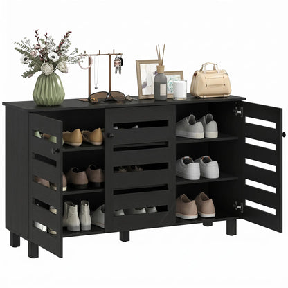 Shoe Cabinet, 3 Slatted Doors, 3-Tier, Adjustable Shelves, 15 Pairs, Black
