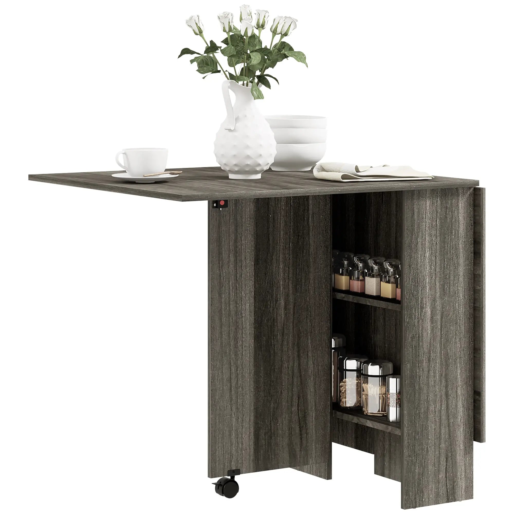 Extendable Dining Table, Collapsible w/ Shelves, Grey Wood Grain, Grey Dining Tables at Gallery Canada