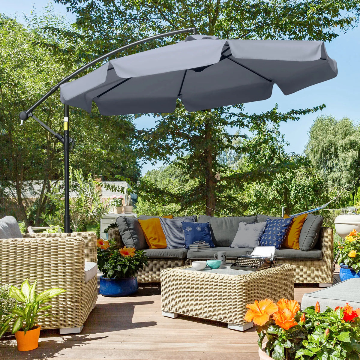 9FT Offset Hanging Patio Umbrella, Easy Tilt, Cross Base, 8 Ribs, Dark Grey Cantilever Umbrellas at Gallery Canada
