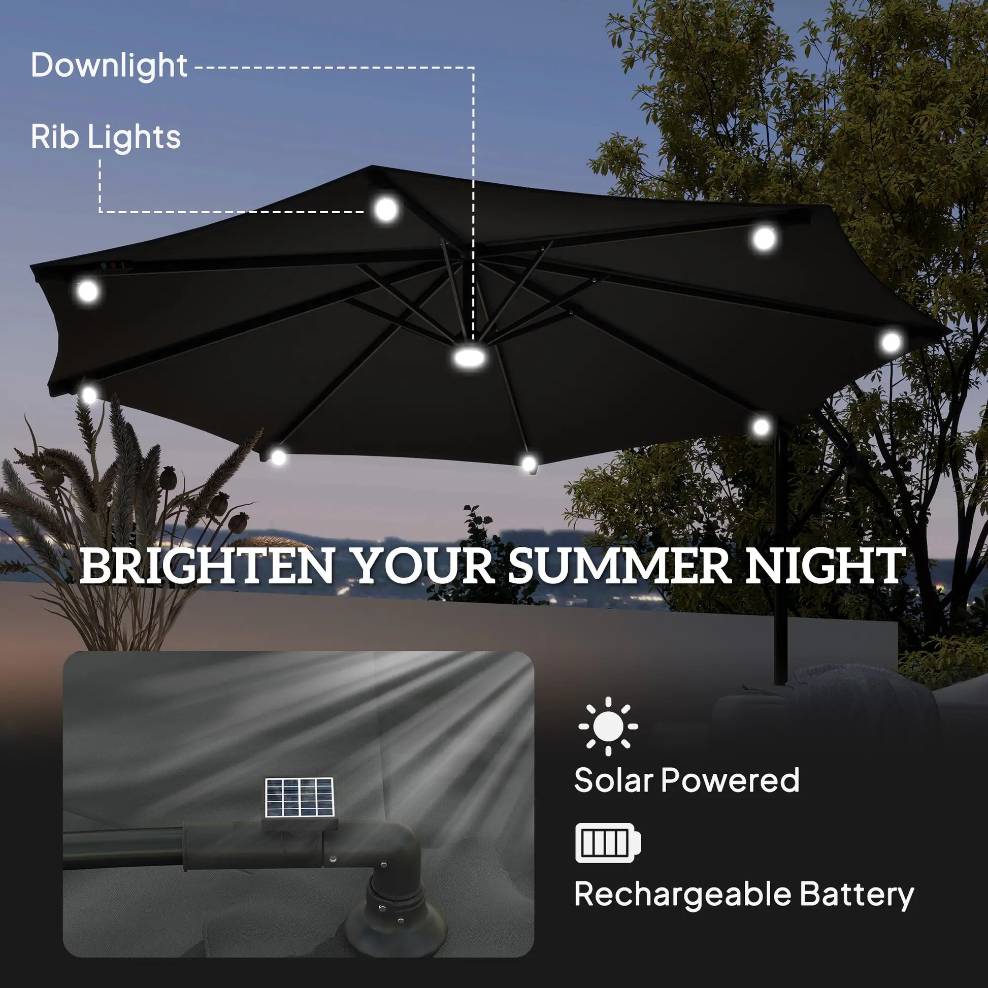 8.8FT Cantilever Patio Umbrella, Solar LED Lights, Crank Handle, Grey Offset Cantilever Umbrellas at Gallery Canada