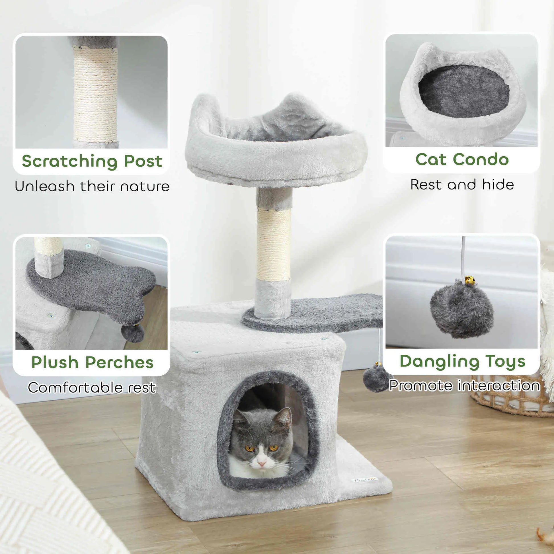 28" Cat Tree Tower with Plush Bed, Condo, Sisal Post, Perch, Ball, Light Grey Cat Posts at Gallery Canada