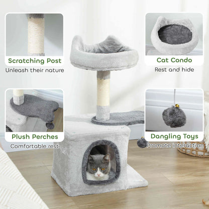 28" Cat Tree Tower with Plush Bed, Condo, Sisal Post, Perch, Ball, Light Grey Cat Posts at Gallery Canada
