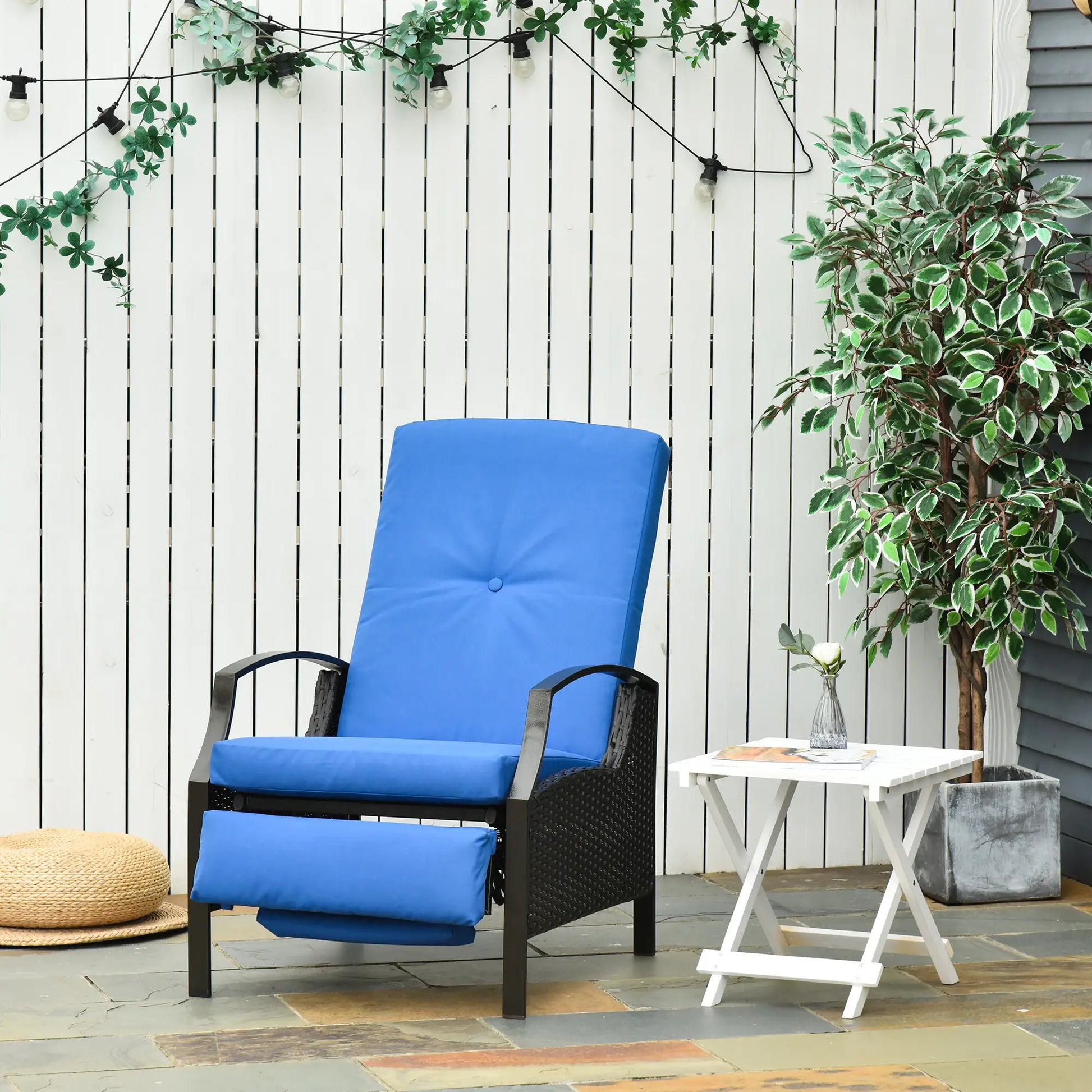 Outdoor Rattan Recliner Chair, Adjustable Back, Retractable Footrest, Blue Chaise Loungers at Gallery Canada