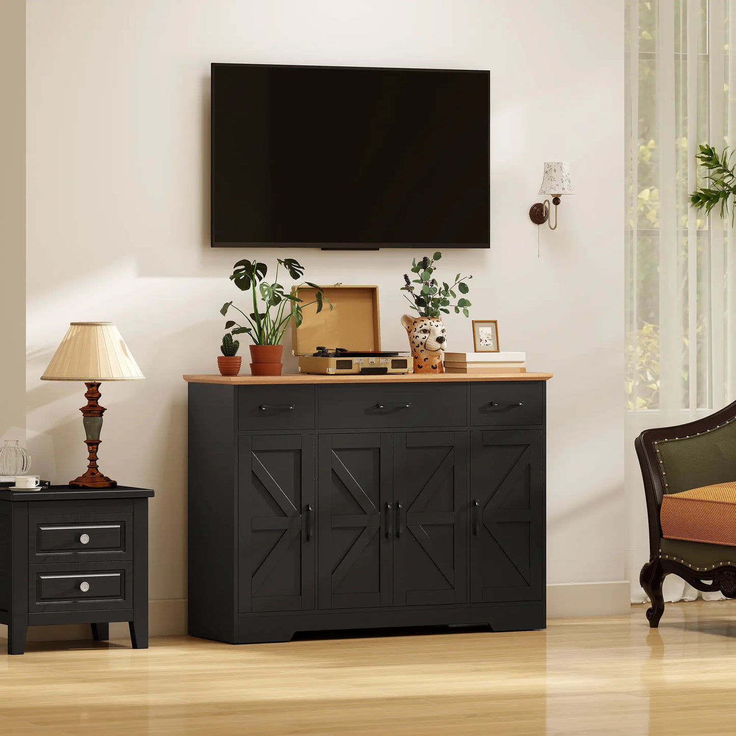 47" Buffet Cabinet, Farmhouse Sideboard, 3 Drawers, Adjustable Shelves, Black Bar Cabinets at Gallery Canada