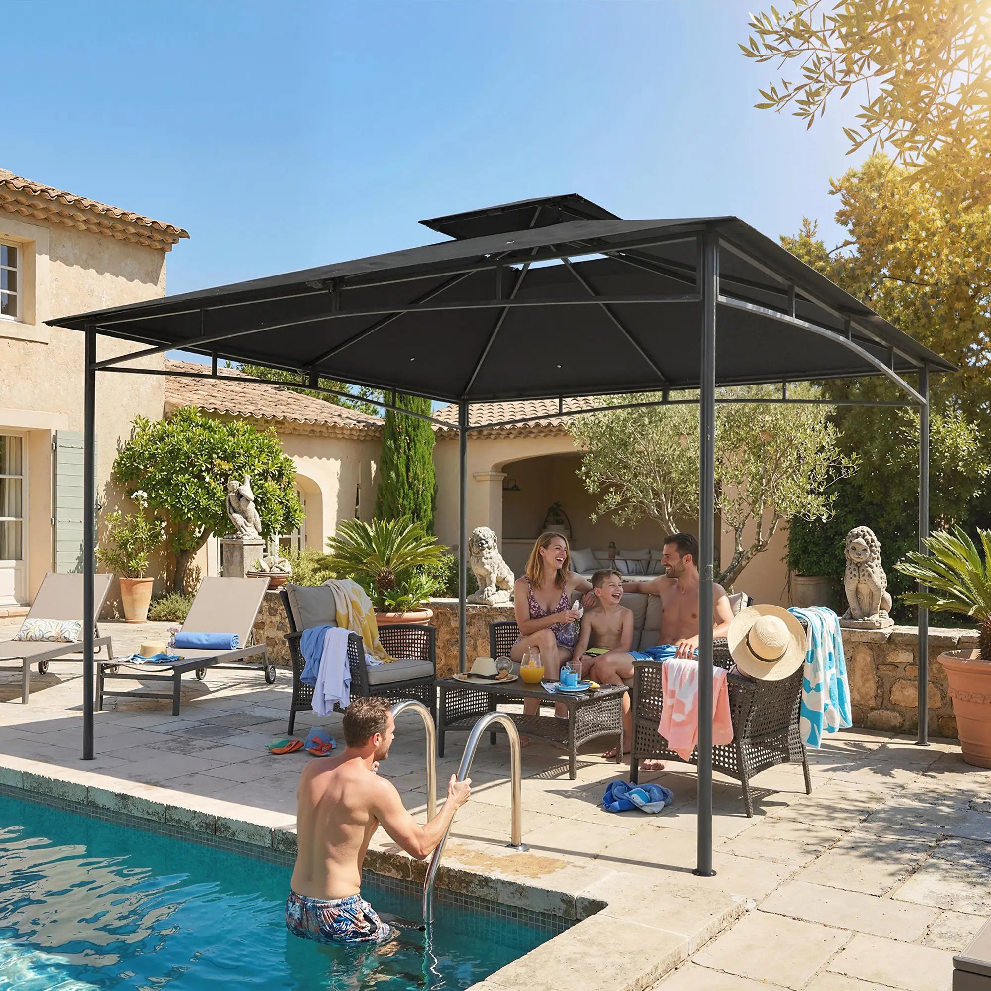 10' x 10' Gazebo, Metal Frame, 2-Tier Roof, Dark Grey Gazebos at Gallery Canada
