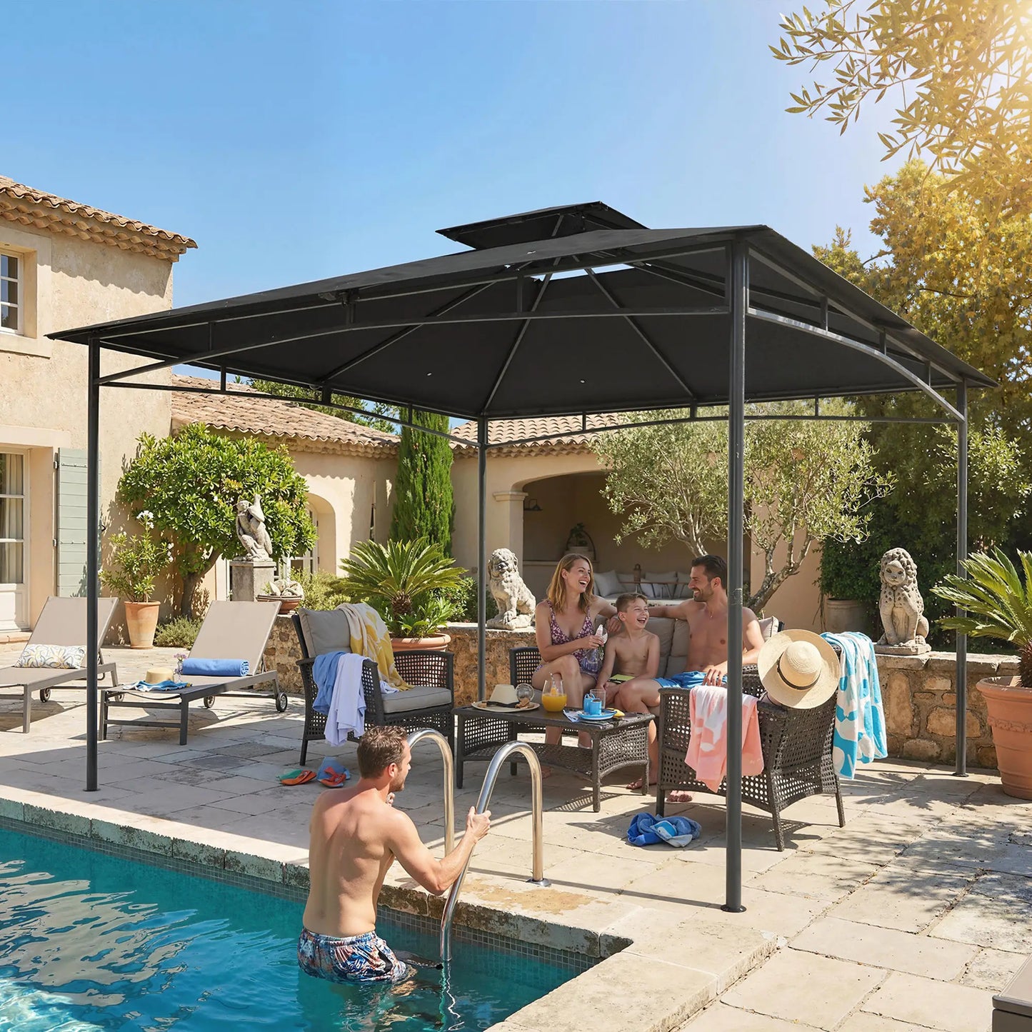 10' x 10' Gazebo, Metal Frame, 2-Tier Roof, Dark Grey Gazebos at Gallery Canada