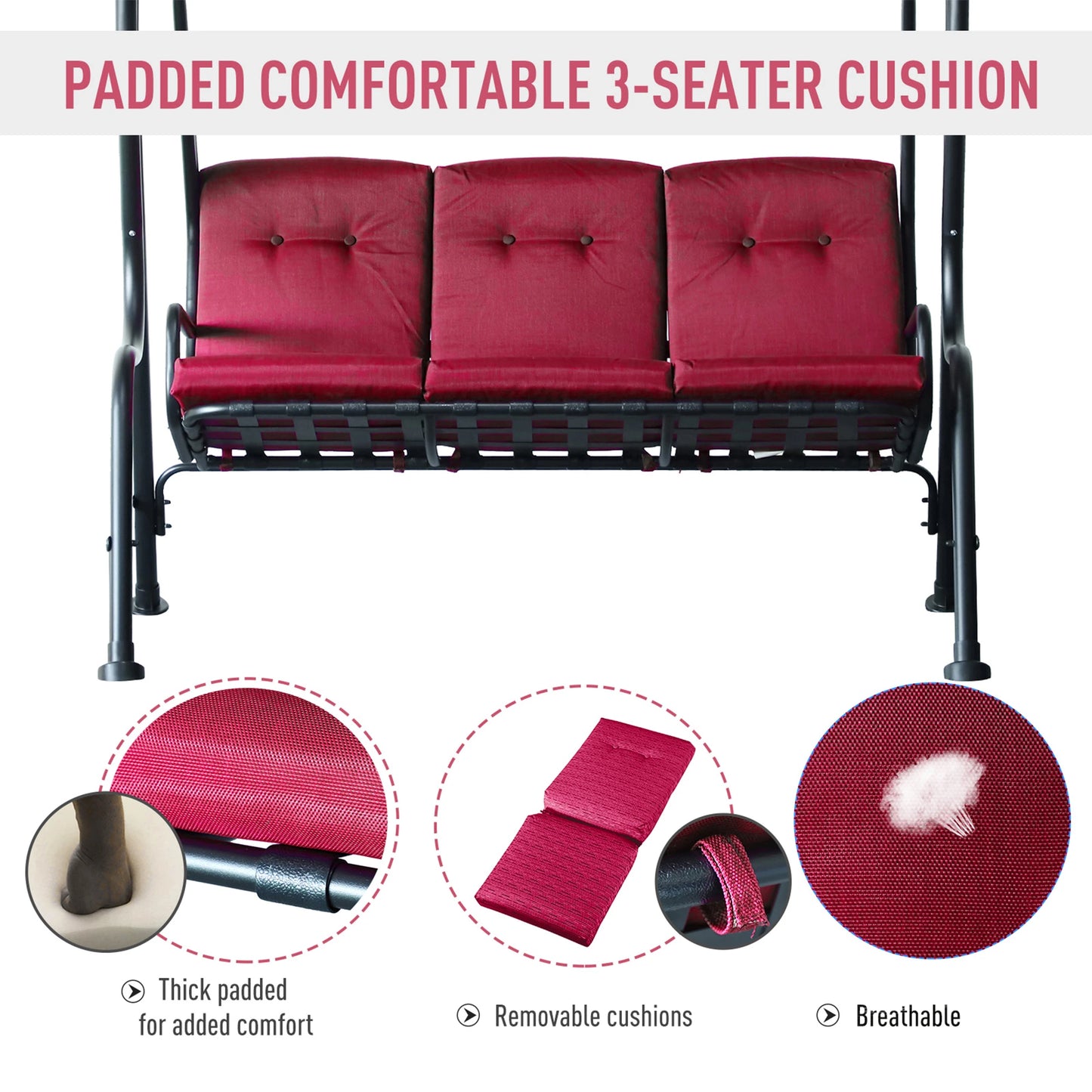 3-Person Porch Swing Chair, Adjustable Canopy, Thicken Cushion, Weather Resistant Steel Frame, Wine Red Porch Swings with Canopy at Gallery Canada