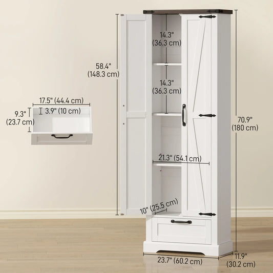 71" Pantry Cabinet, Adjustable Shelves, 2 Doors, Drawer, White