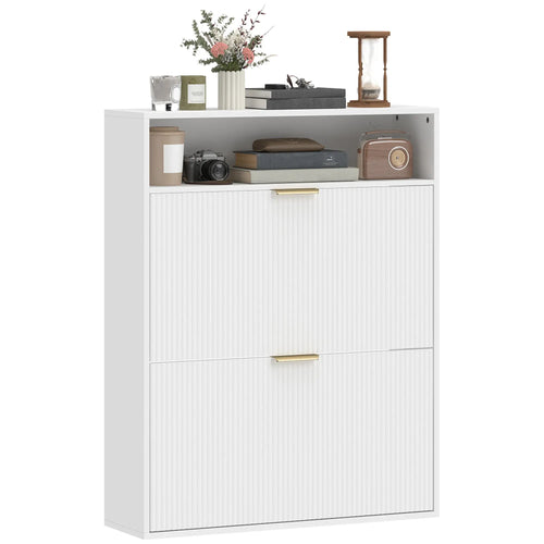 Narrow Shoe Cabinet With 2 Flip Drawers, Top Shelf, White
