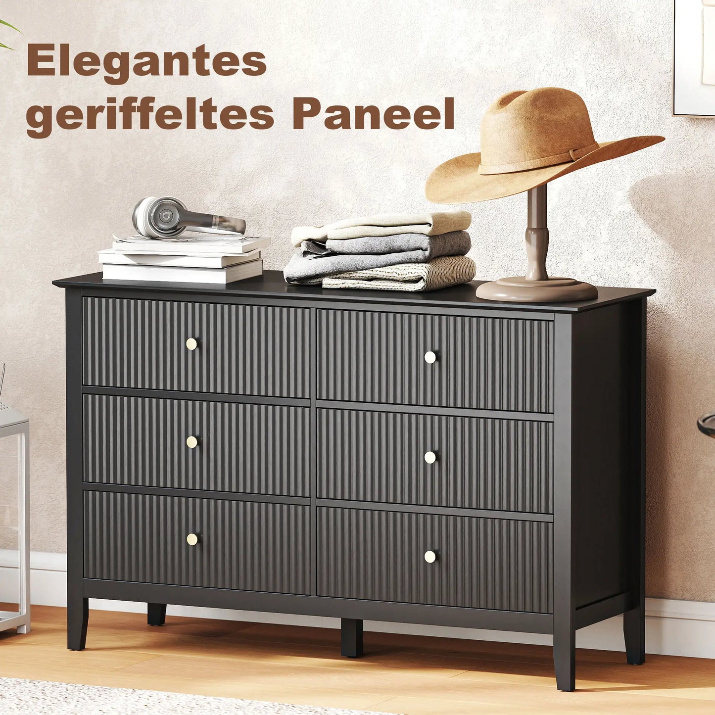Commode moderne 6 tiroirs, double coffre, noir