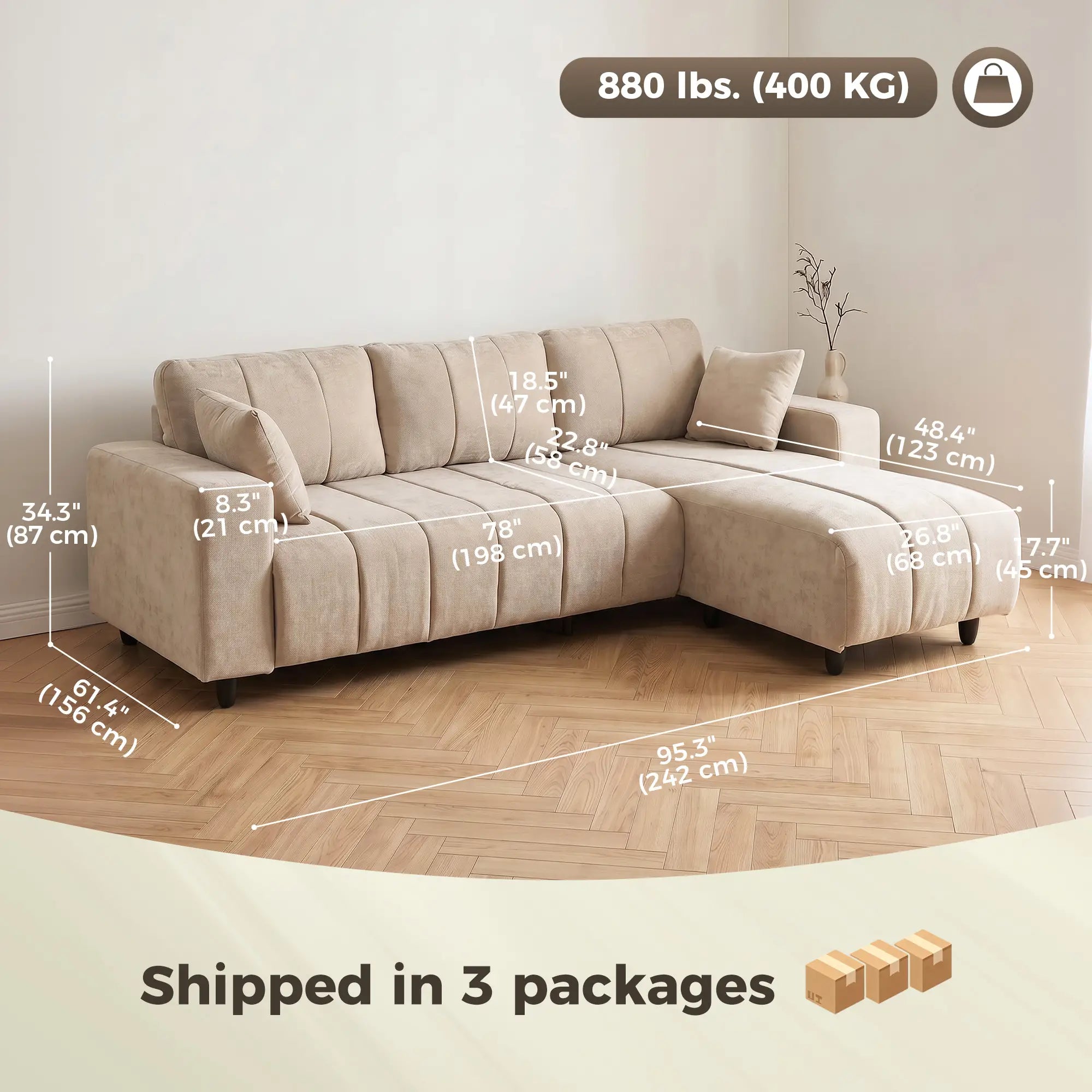 3-Seater L-Shape Sectional Sofa with Chaise, Spring Cushion, Pillows, Beige L Shaped Couchs at Gallery Canada