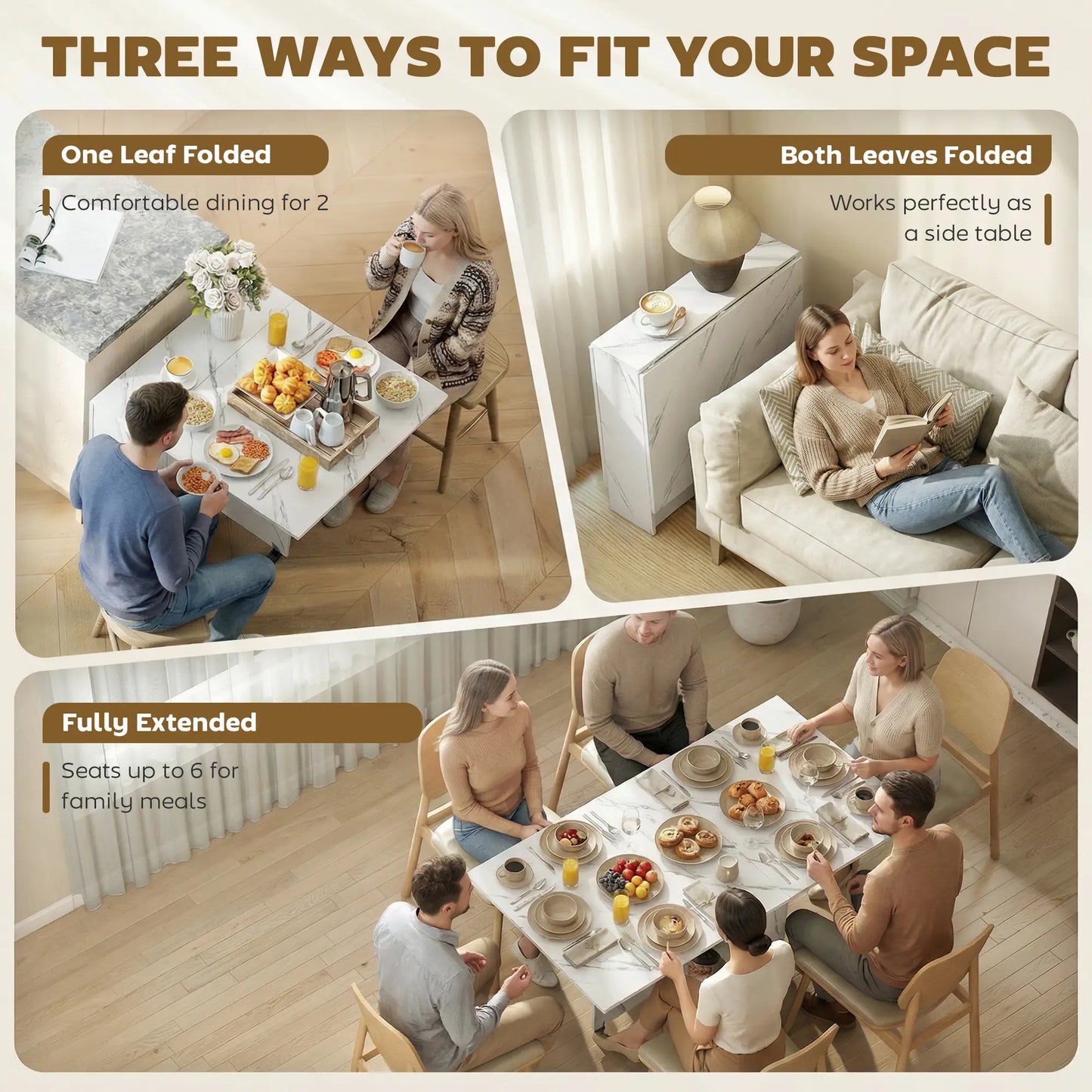 Extendable Dining Table, Marble White, Collapsible With Shelves, White Dining Tables at Gallery Canada