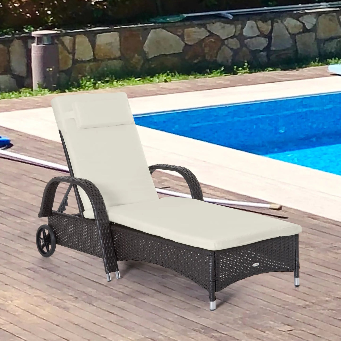 Wicker Chaise Lounge, Outdoor PE Rattan Sun Lounger, Adjustable Backrest, 5-Level, Deep Coffee Cream White, Cream White Chaise Loungers at Gallery Canada