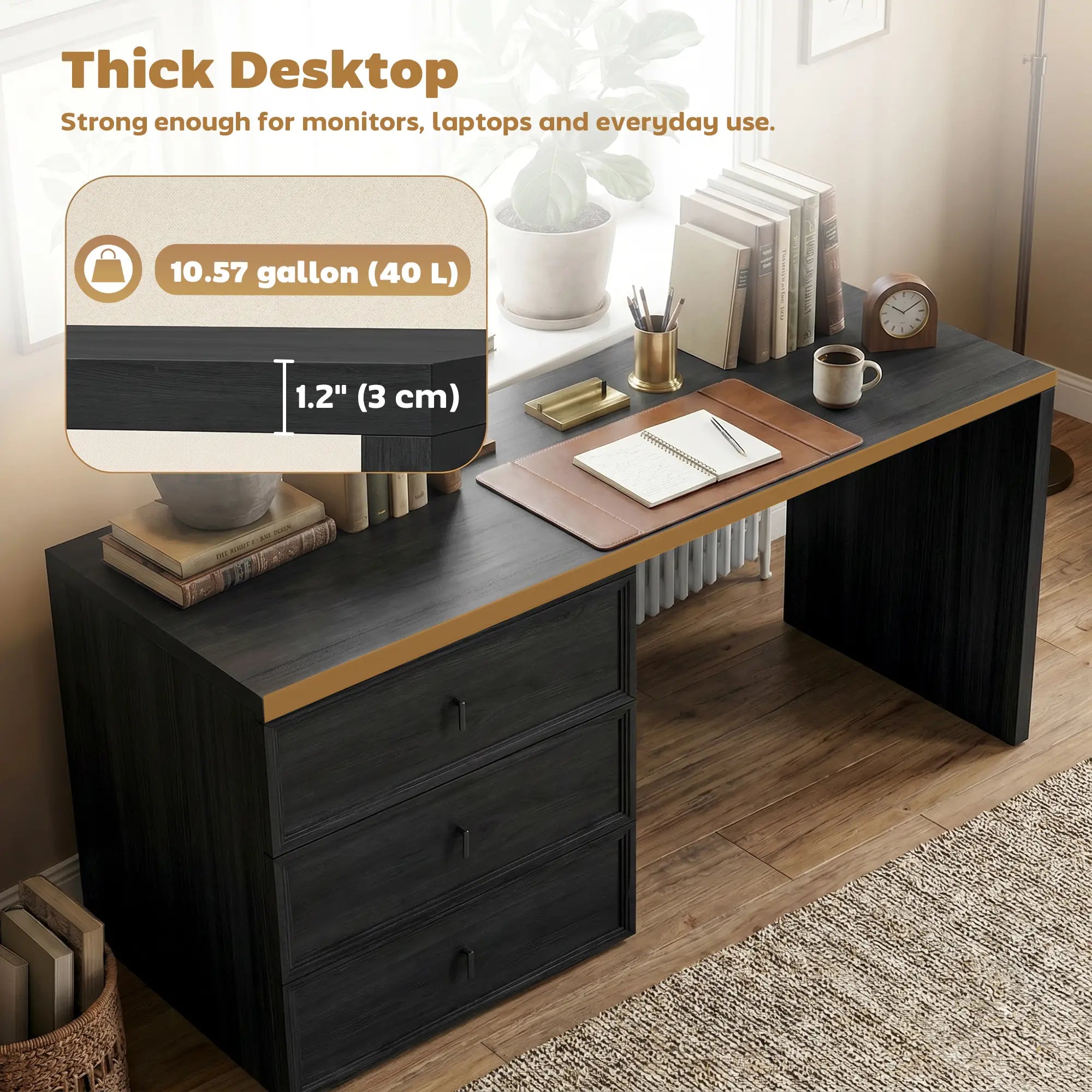 L-Shaped Computer Desk, 3 Drawers, Black Wood Grain, Black Computer Desks at Gallery Canada