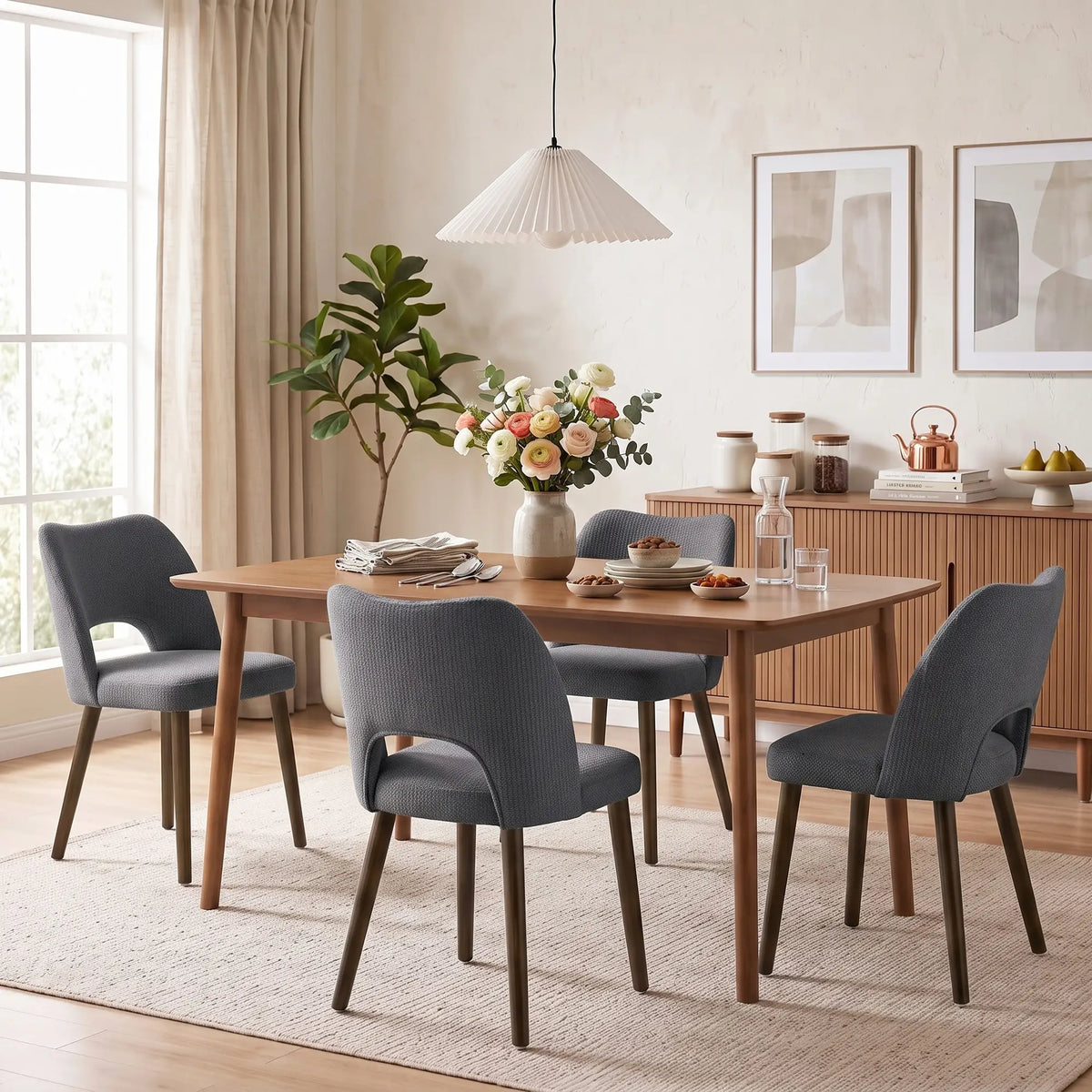Upholstered Dining Chairs Set, Rubberwood Legs, Dark Grey