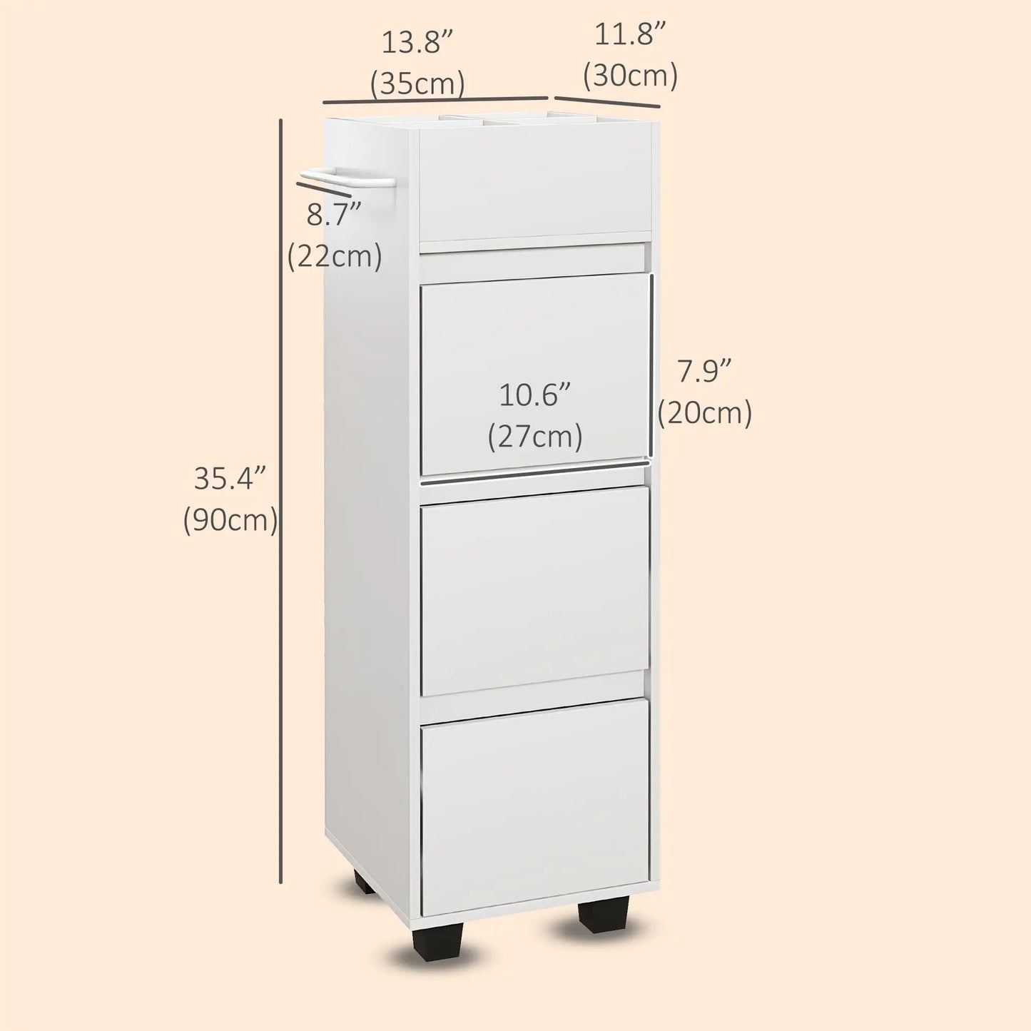 Slim Bathroom Cabinet, 4 Compartments, 3 Drawers, Towel Rack, White