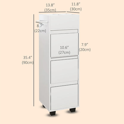 Slim Bathroom Cabinet, 4 Compartments, 3 Drawers, Towel Rack, White