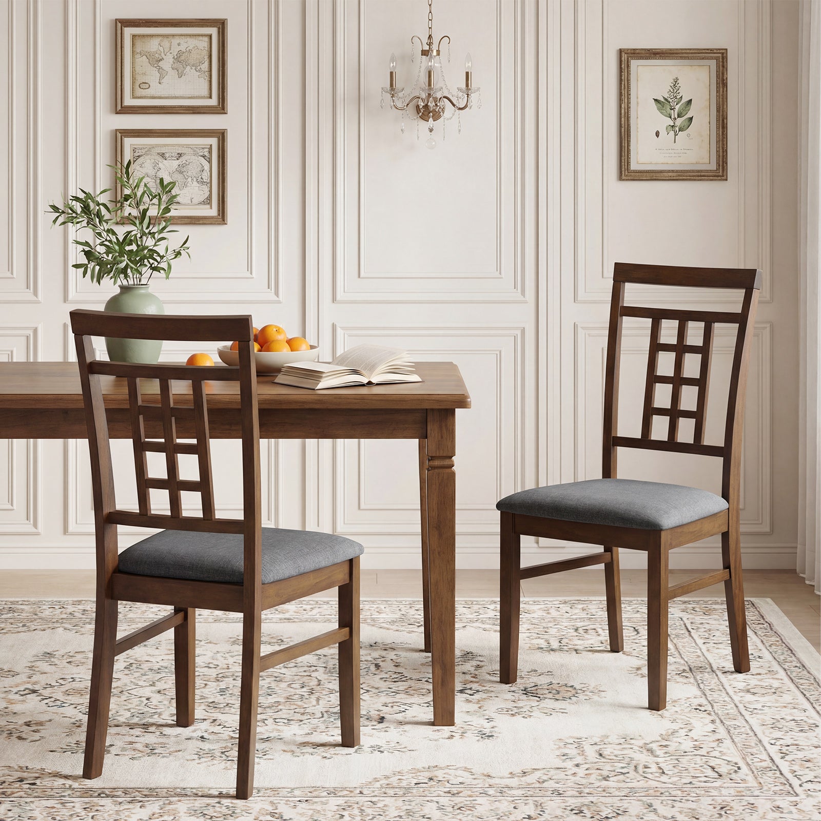 Rubber Wood Dining Chairs, Set of 4, Lattice Back, Brown