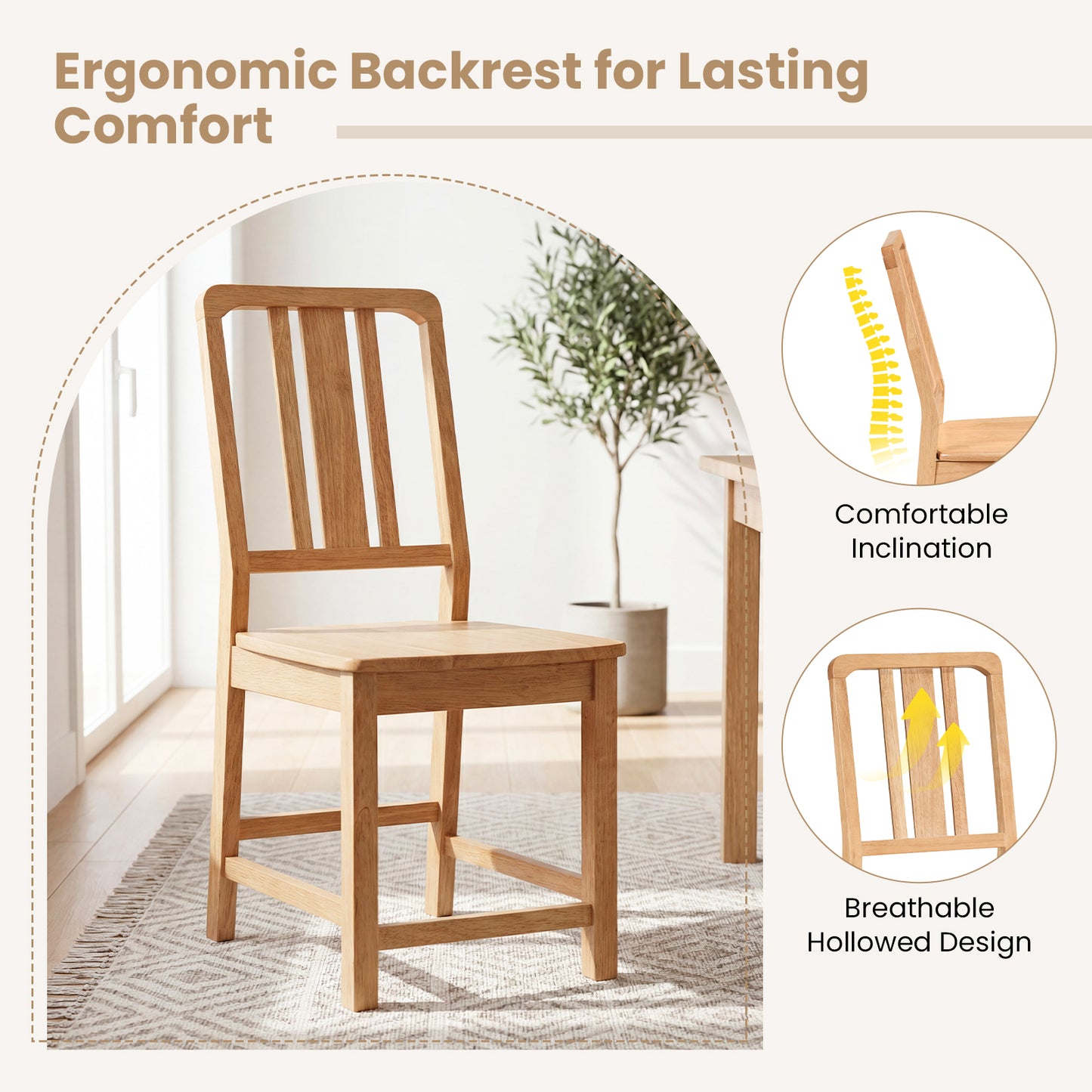 Rubber Wood Dining Chairs Set of 4, Hollowed Backrest, Natural Dining Chairs at Gallery Canada