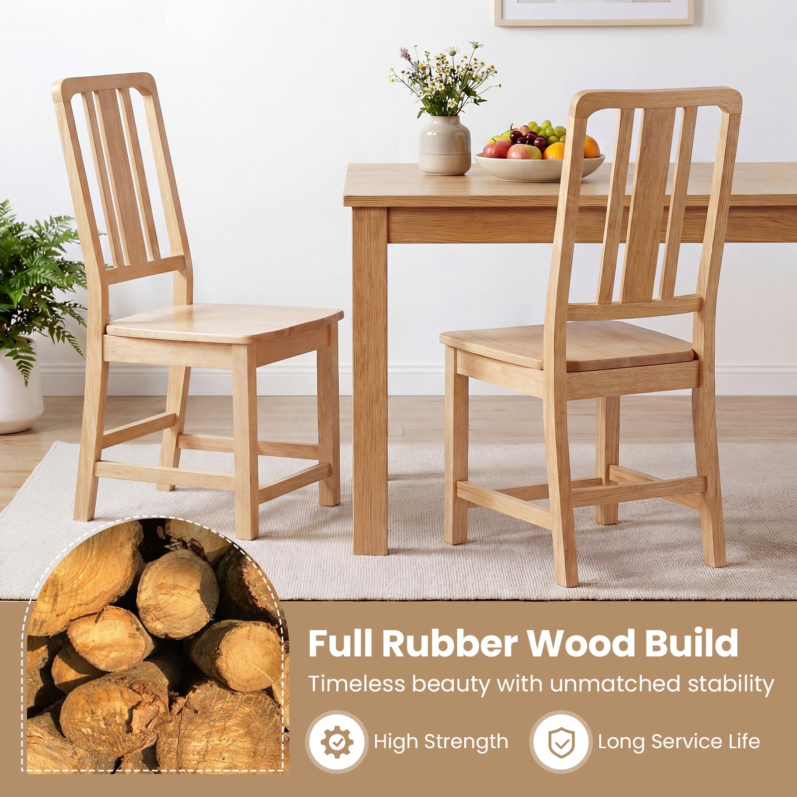 Rubber Wood Dining Chairs Set of 4, Hollowed Backrest, Natural Dining Chairs at Gallery Canada