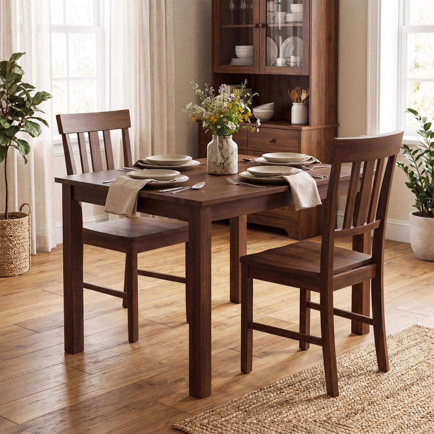 Rubber Wood Dining Chairs, Set of 2, High Slat Backrests, Dark Brown