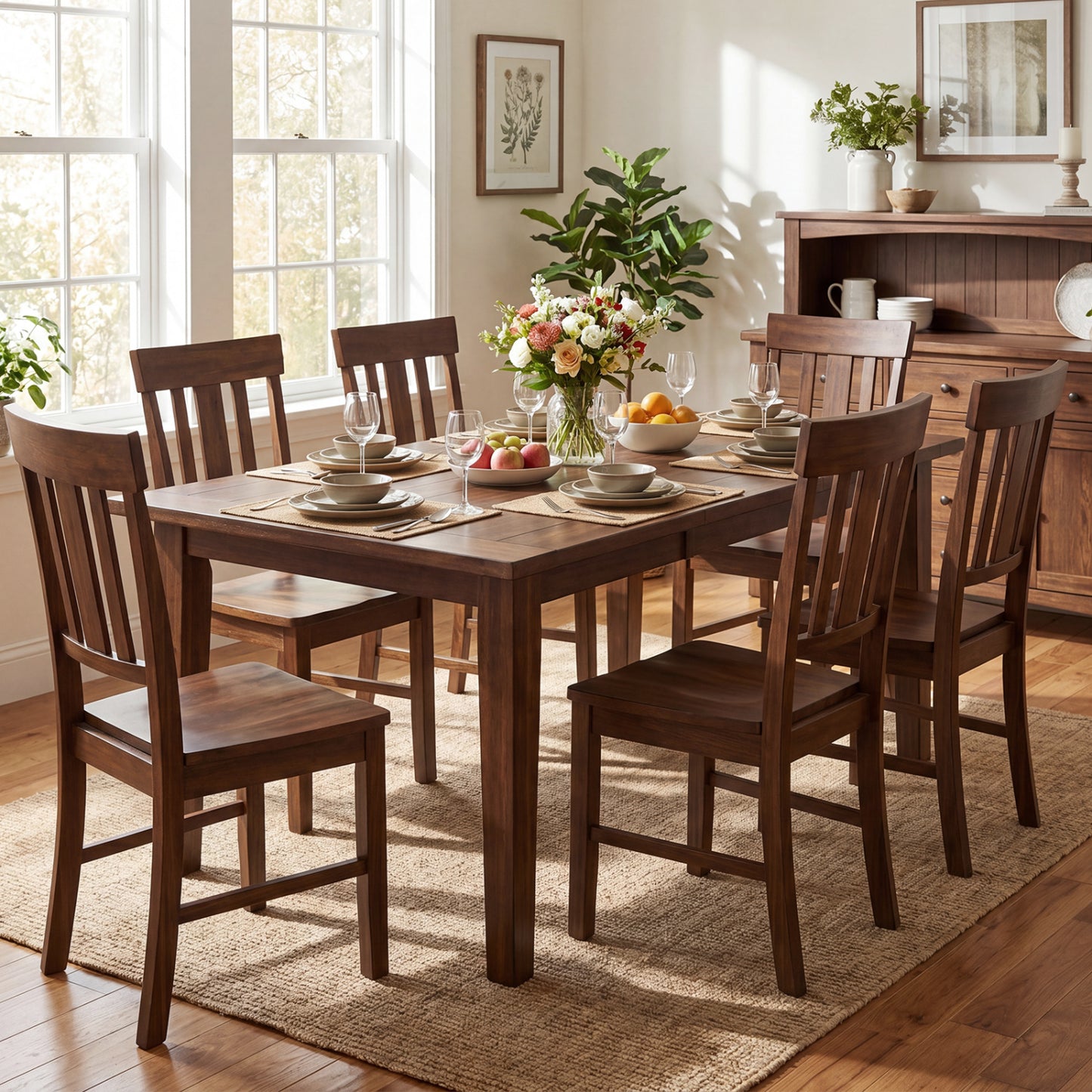 Rubber Wood Dining Chairs, Set of 2, High Slat Backrests, Dark Brown