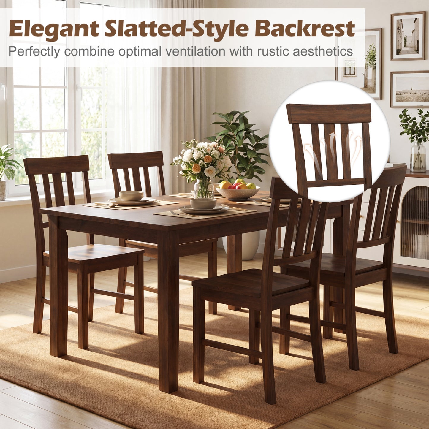 Rubber Wood Dining Chairs, Set of 2, High Slat Backrests, Dark Brown