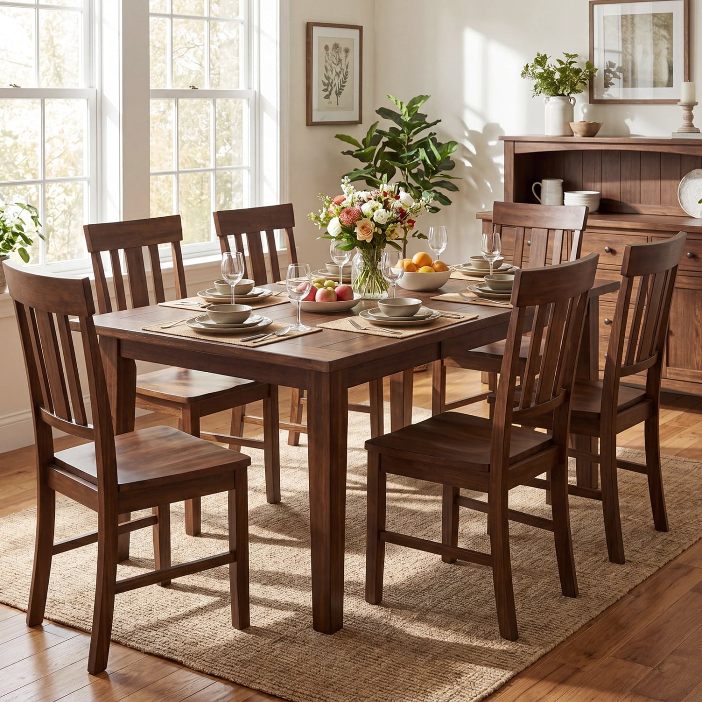 Rubber Wood Dining Chairs, Set of 4, High Slat Backrest, Dark Brown