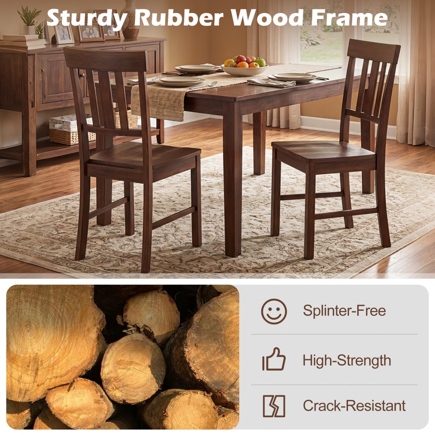 Rubber Wood Dining Chairs, Set of 4, High Slat Backrest, Dark Brown