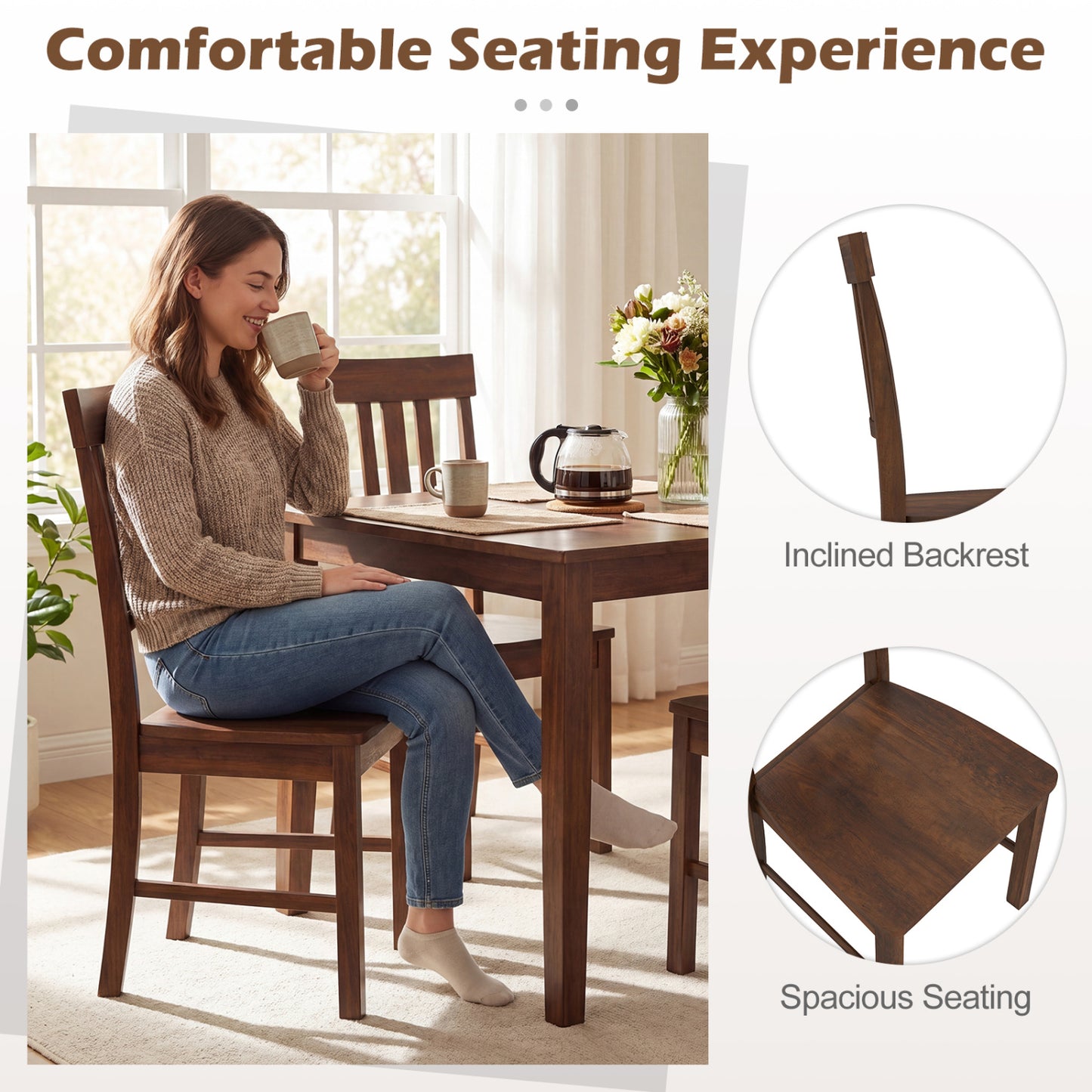 Rubber Wood Dining Chairs, Set of 2, High Slat Backrests, Dark Brown