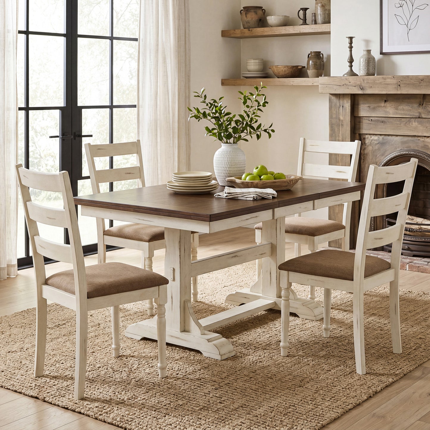 Rubber Wood Dining Chairs Set of 4, Linen Seat, White